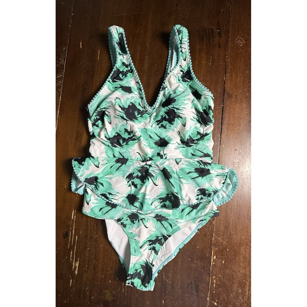 Nicole Miller Women's Teal Pompom One Piece Size 8 Ruffle Swimsuit NWT-768